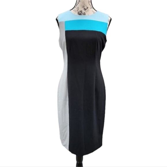 Calvin Klein Color Block Sleeveless Sheath Dress Blue Gray Career Academia Sz 12 - Picture 2 of 10